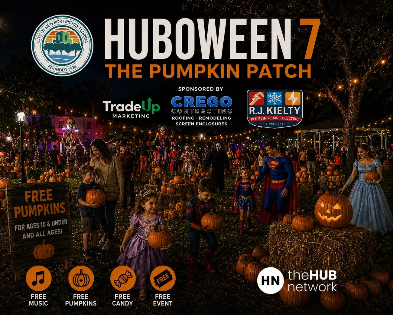 Huboween 7 pumpkin patch event poster — families in costume picking pumpkins under string lights